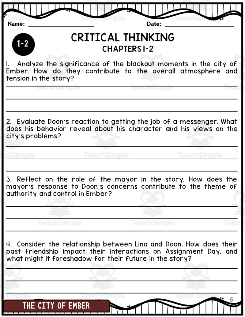 The City Of Ember Novel Study Unit Comprehension Questions Vocab By Teach Simple