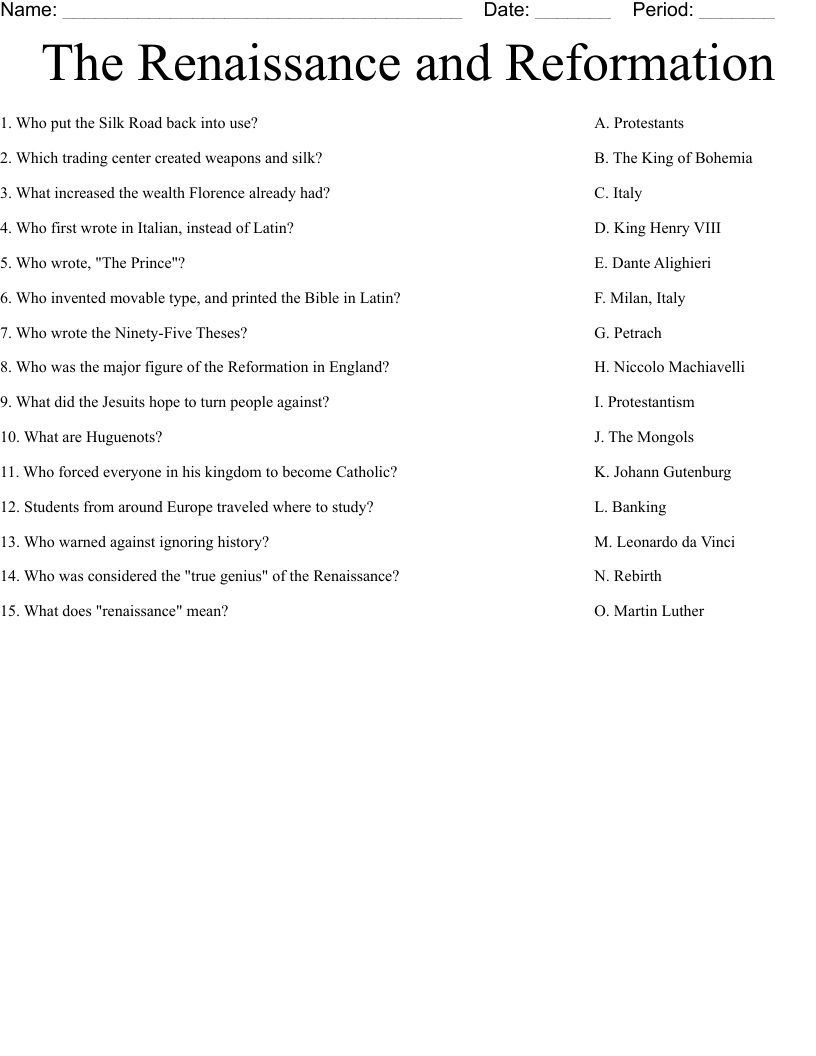 The Renaissance And Reformation Worksheet WordMint The Renaissance And Reformation Worksheet WordMint