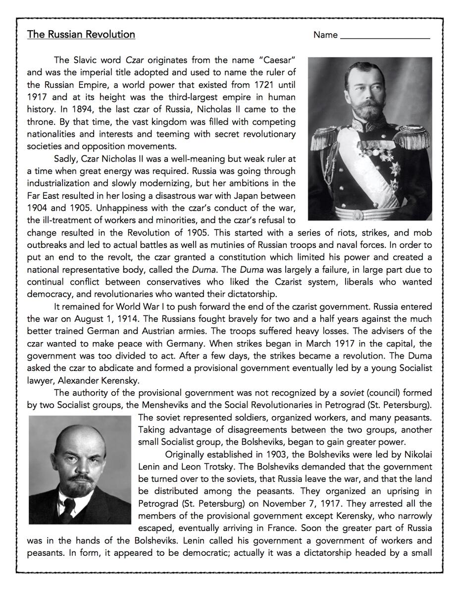The Russian Revolution Reading Comprehension Passage Classful The Russian Revolution Reading Comprehension Passage Classful