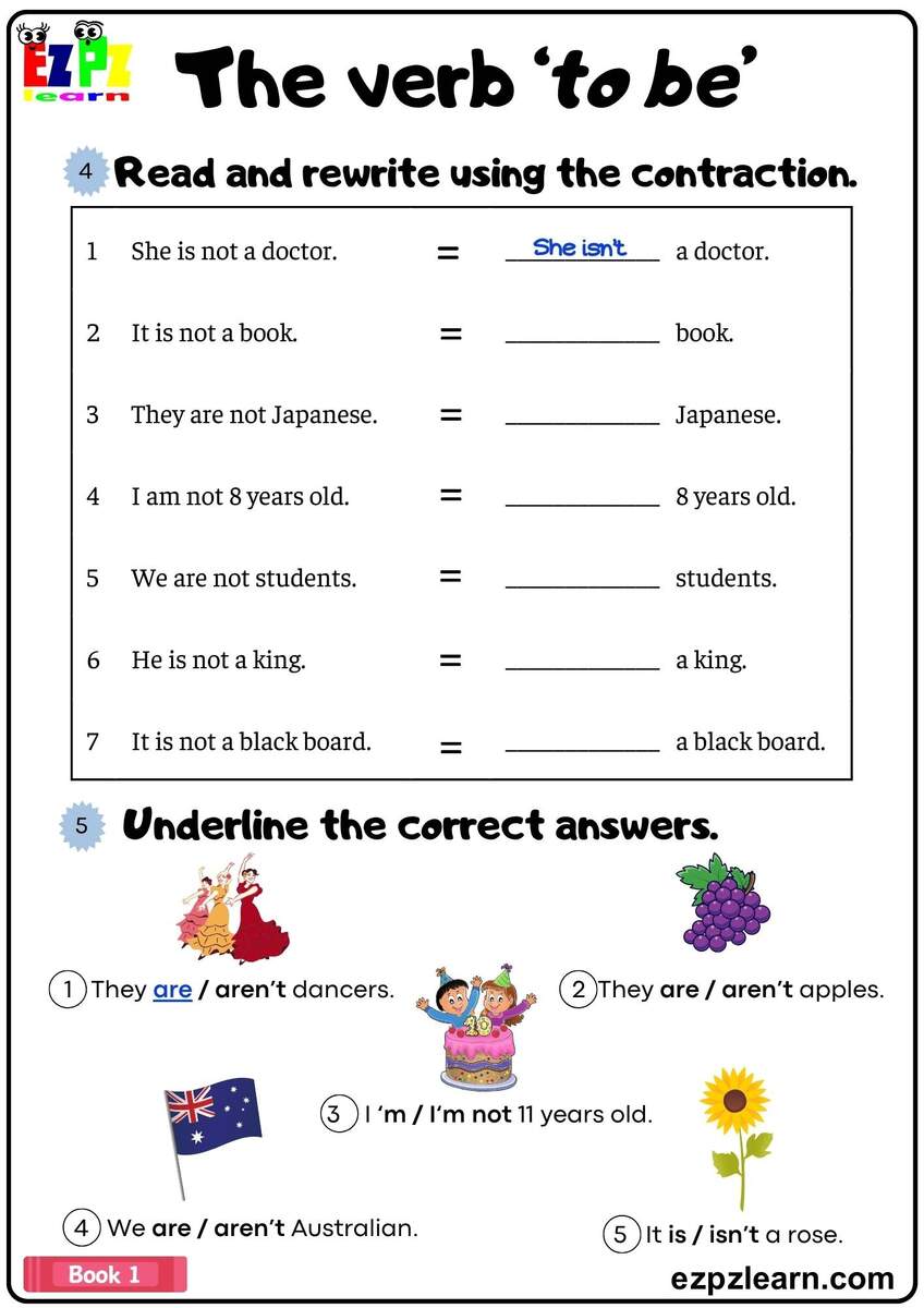 The Verb To Be Simple Present Fill In Contractions Grammar Worksheet Book 1 Ezpzlearn The Verb To Be Simple Present Fill In The Blanks Grammar Worksheet Ezpzlearn