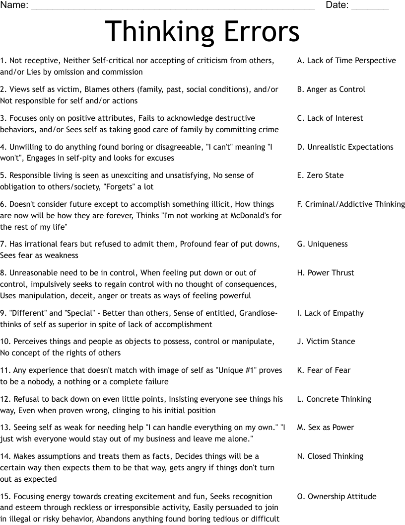 Thinking Errors Worksheet WordMint Criminal And Addictive Thinking Word Search WordMint