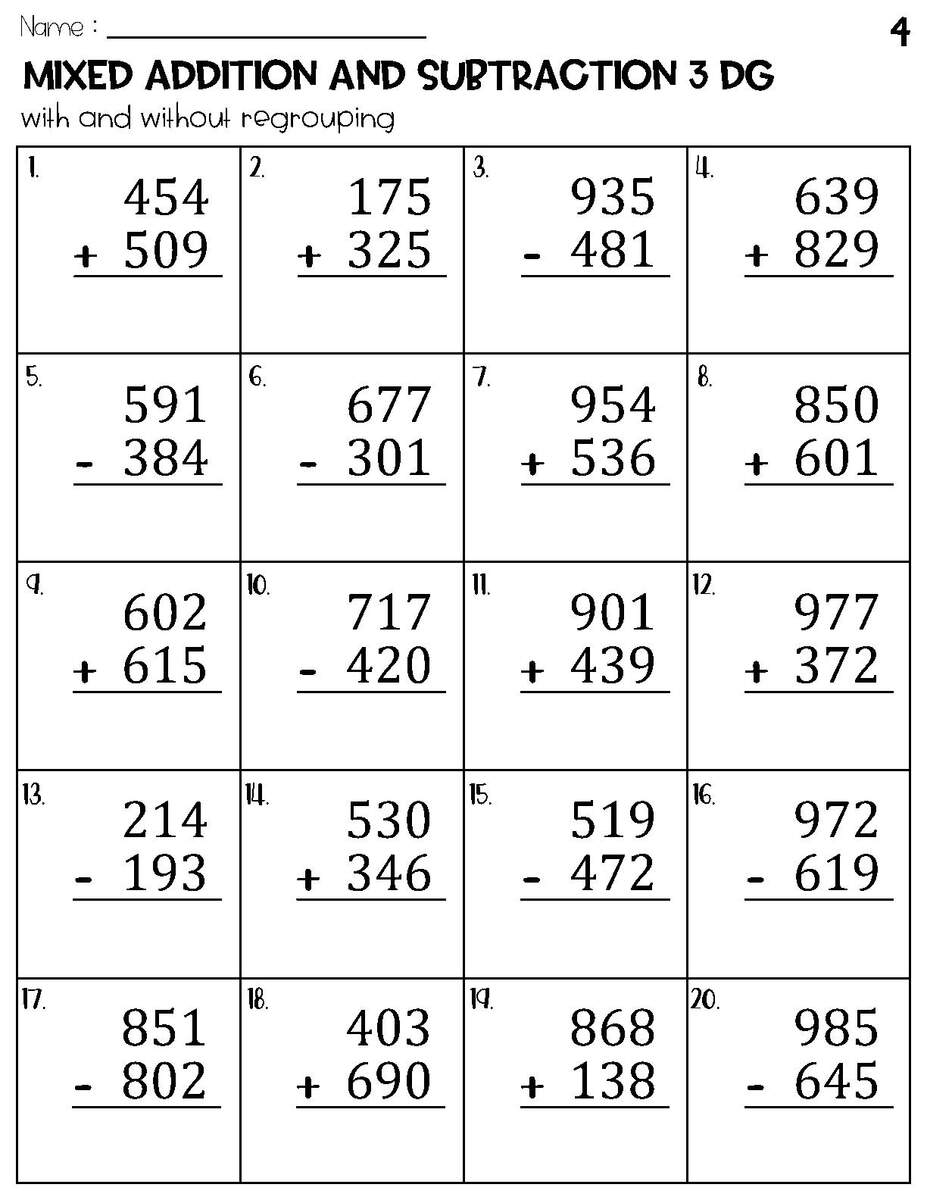 Three Digit Mixed Addition And Subtraction With And Without Regrouping Worksheets Etsy 100 Two And Three Digit Mixed Addition And Subtraction With Grid Worksheets Etsy