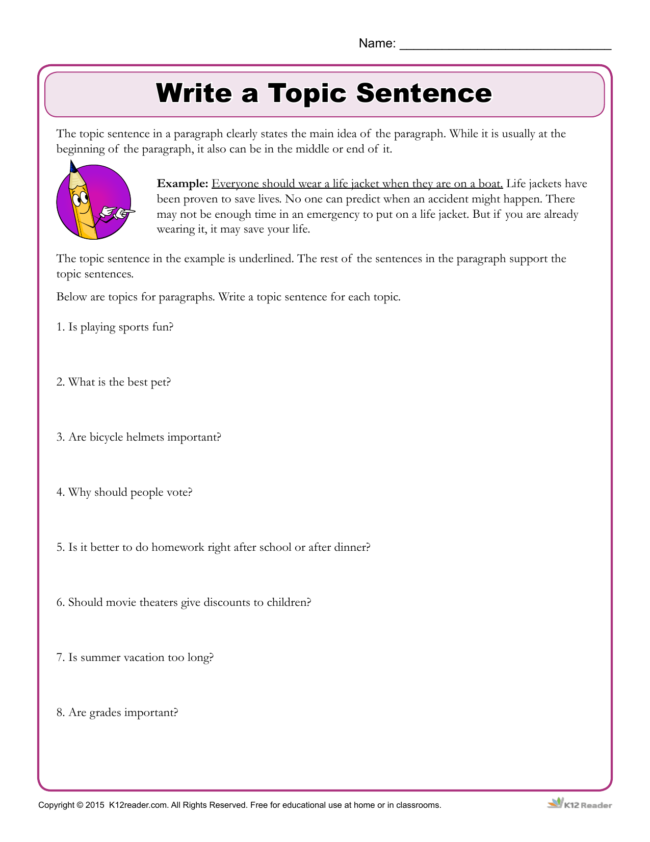 Topic Sentence Worksheet Writing Skills Practice