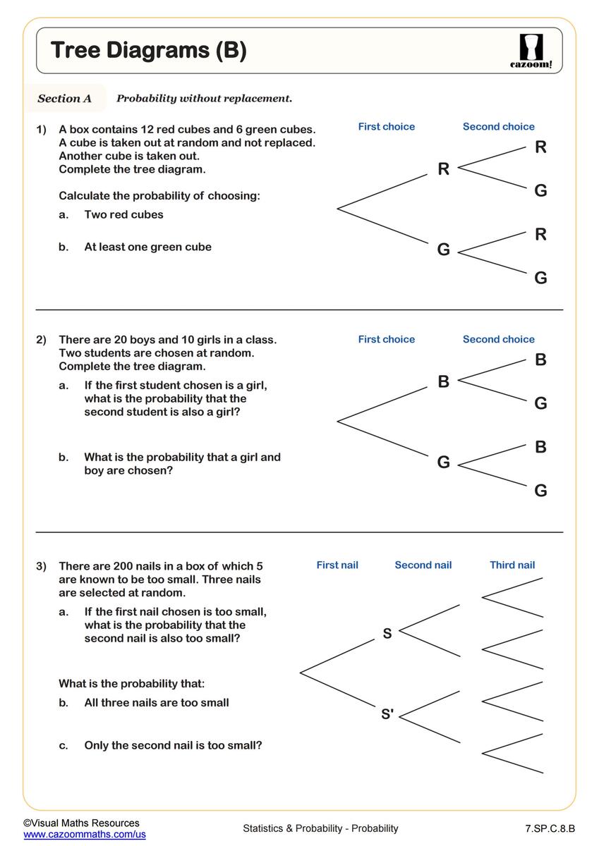 Tree Diagrams B Worksheet PDF Printable Statistics Probability Worksheet Cazoom Math