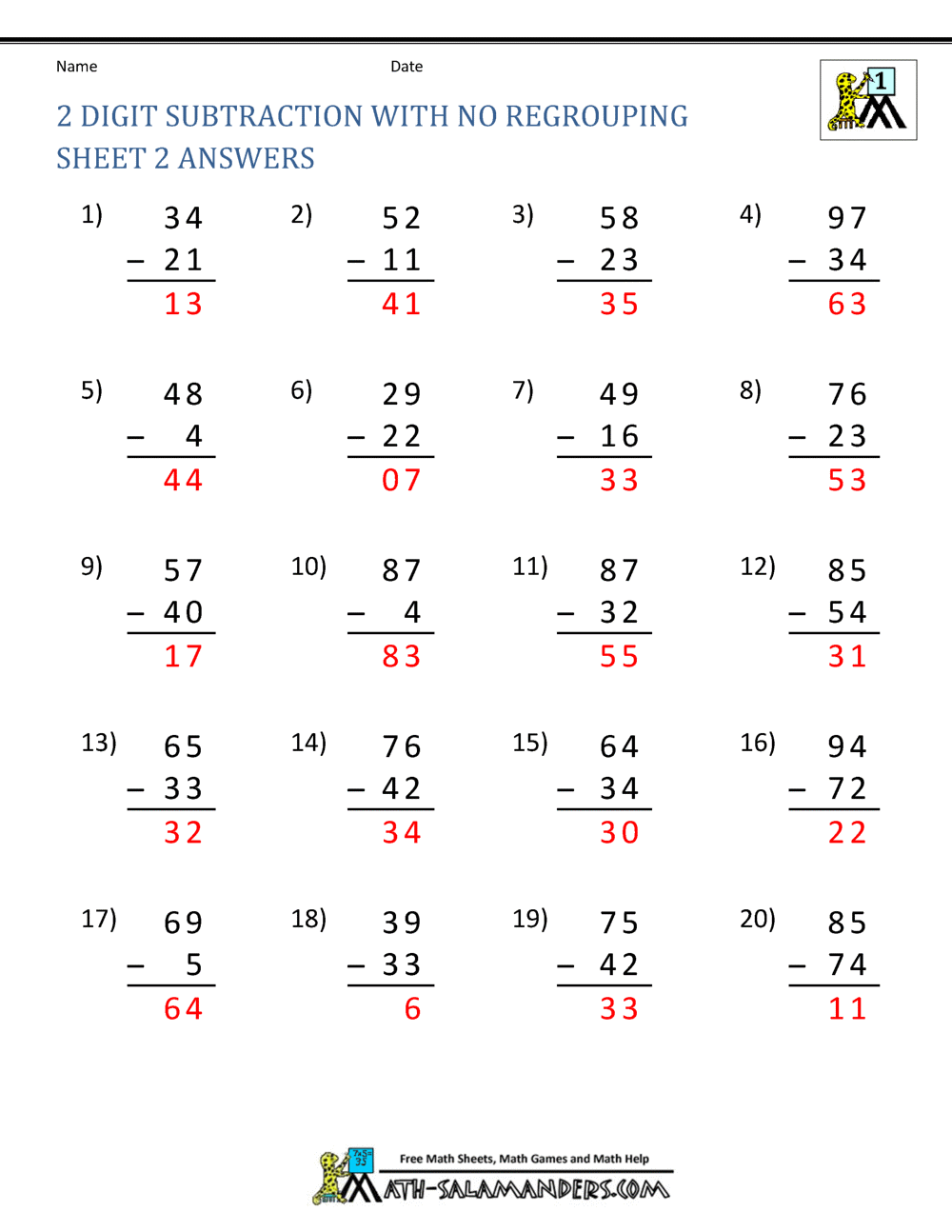 Two Digit Subtraction Without Regrouping Two Digit Subtraction Without Regrouping