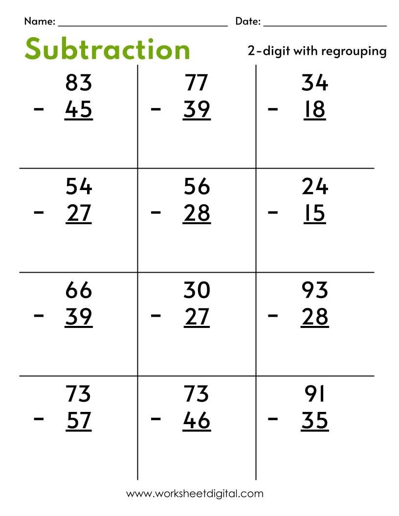 Two Digit Subtraction Worksheets With Regrouping PDF Etsy Canada