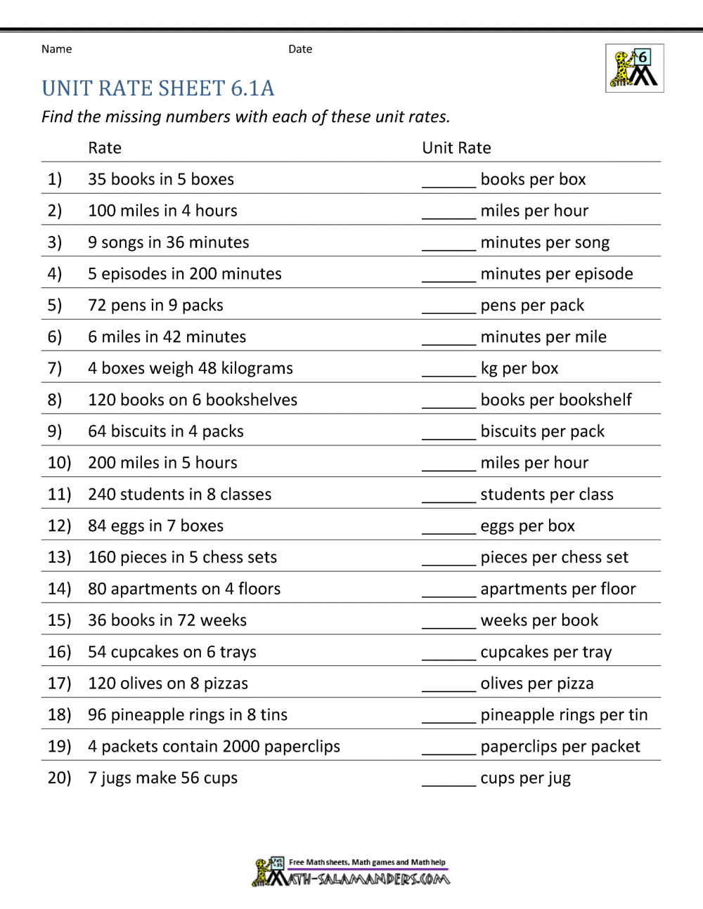 Unit Rate Problems 6th Grade