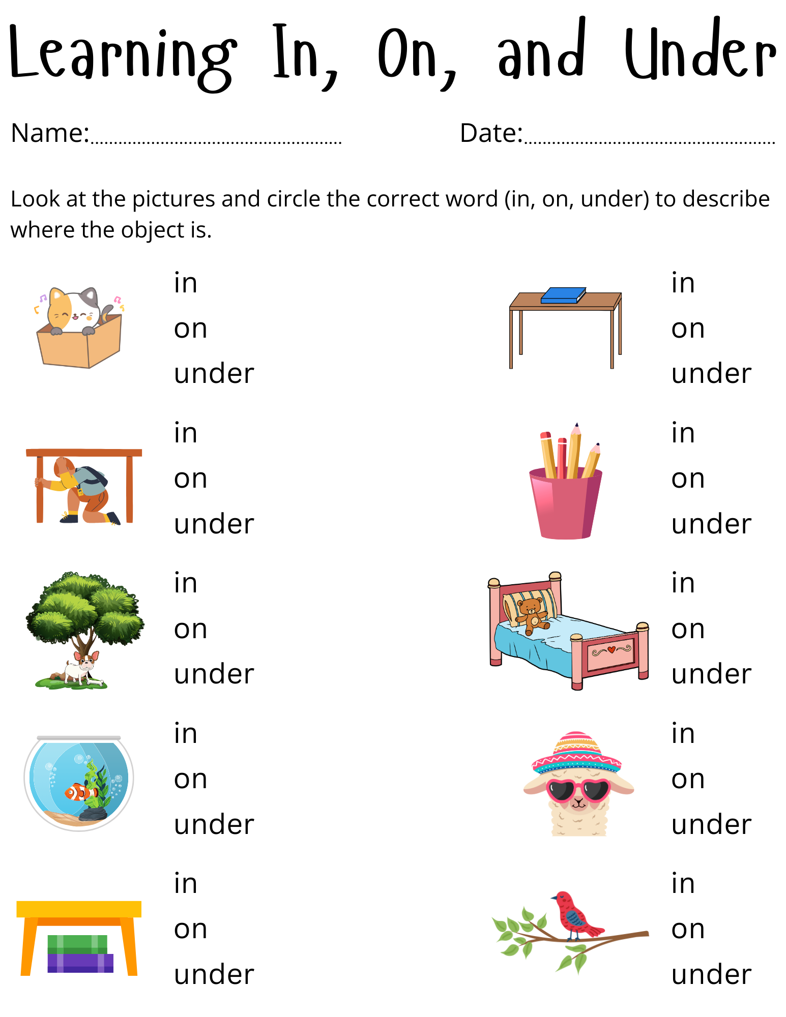 Use Of In On Under Worksheets For Kindergarten Exercises In On Under Activity Teaching Resources