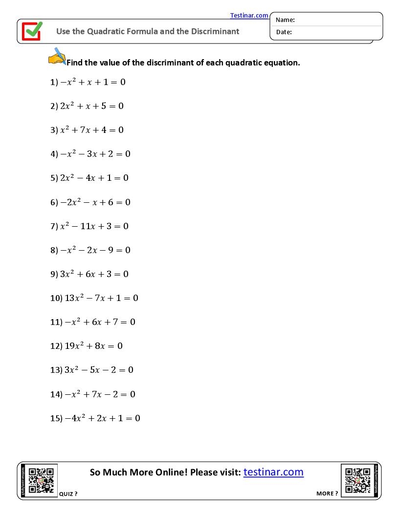 Use The Quadratic Formula And The Discriminant Worksheets