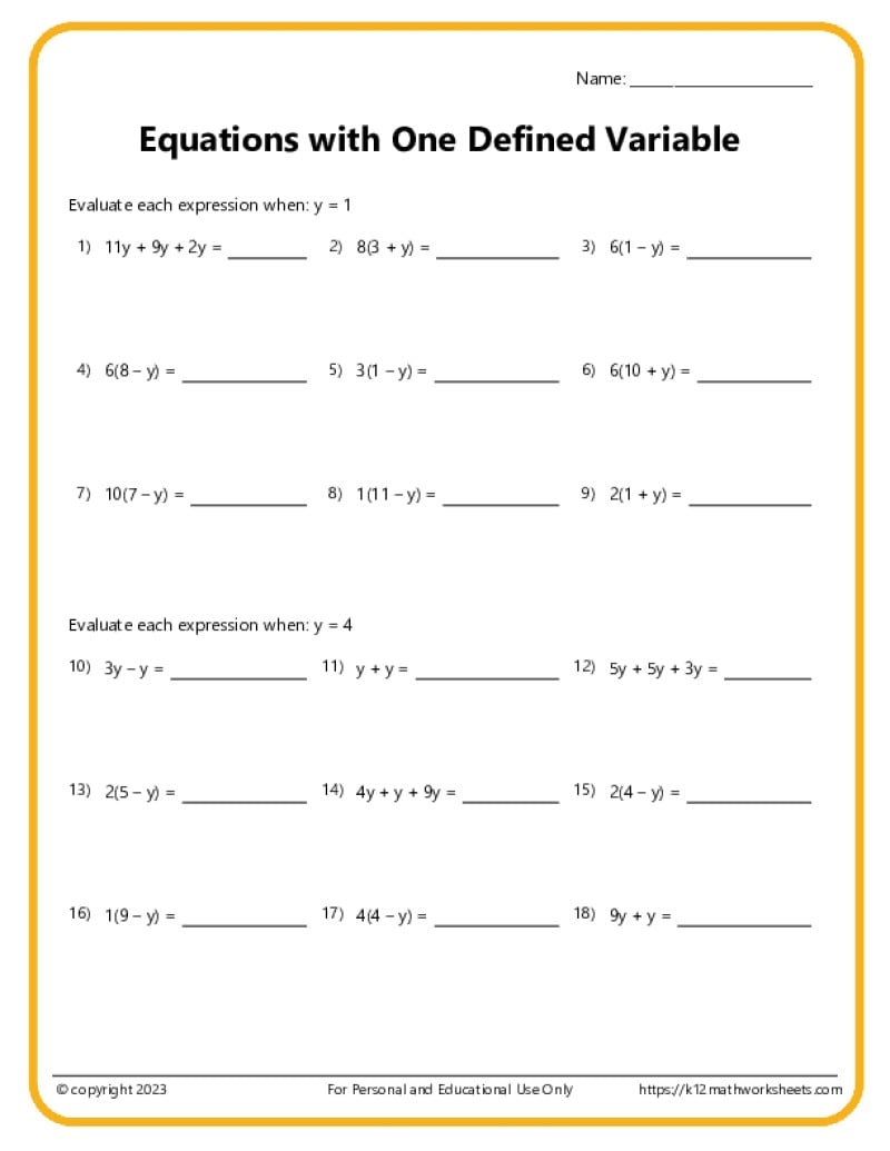 Variable Equations Worksheets Variable Equations Worksheets
