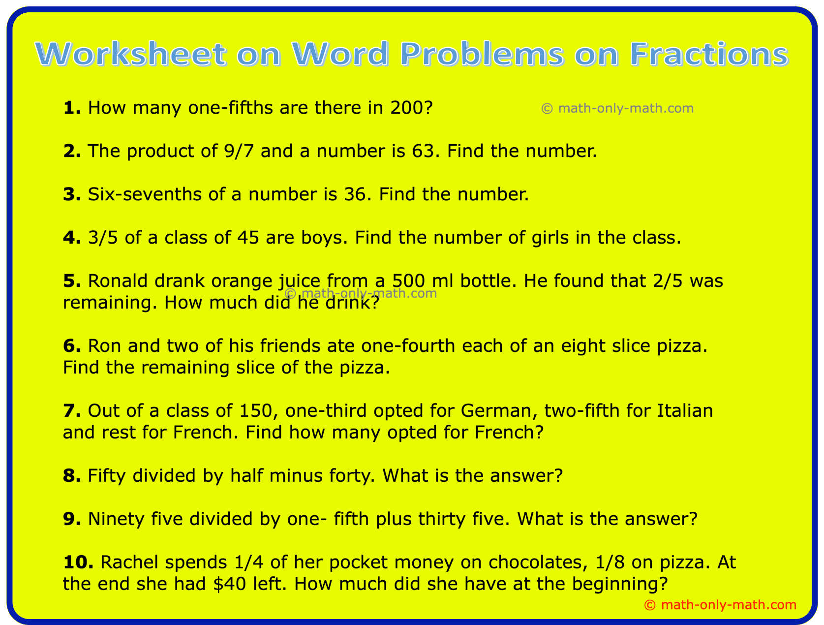 Word Problems Of Fractions Worksheets Math Worksheets Worksheets Library